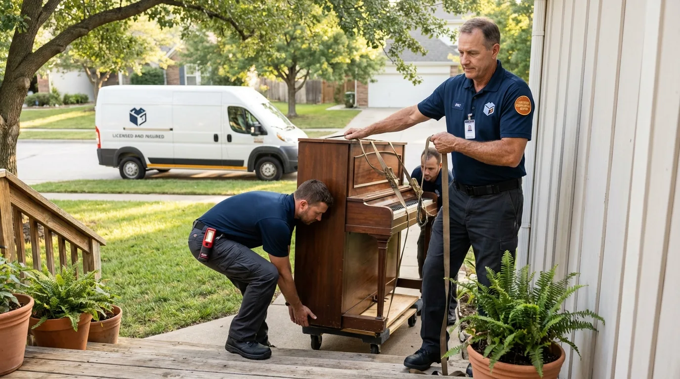 Licensed piano movers securing grand piano in Roland, OK