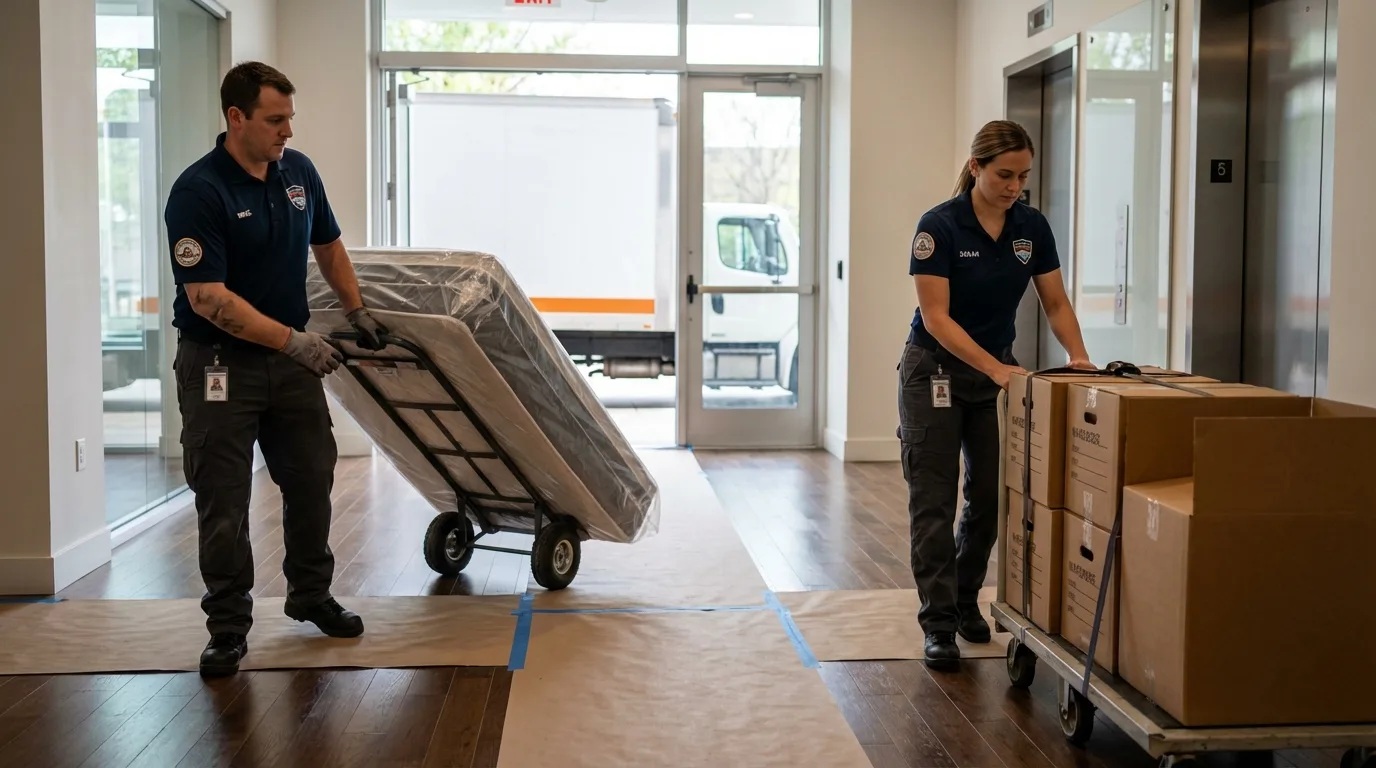 Professional apartment movers loading elevator in Roland, OK