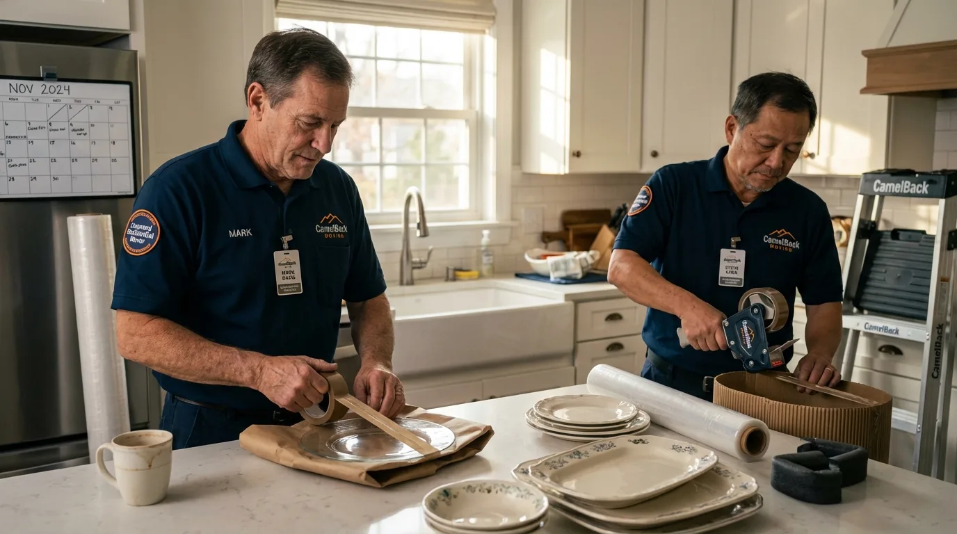 Professional crew packing kitchen dishware in Roland, OK